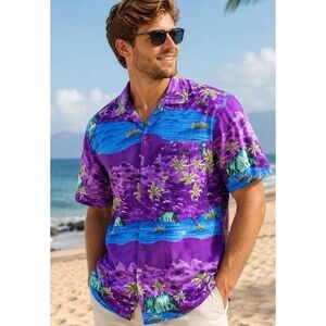 Vintage Waikiki Creations Mens M. Hawaiian Shirt Purple Blue Tropical Palm Tree